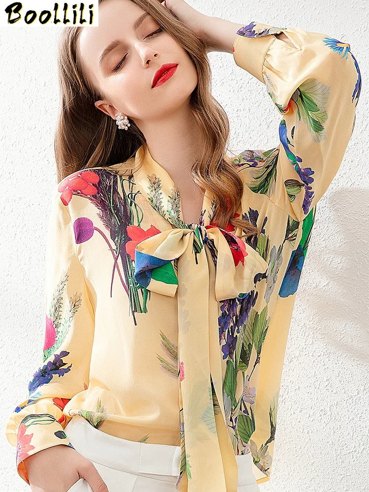 Boollili 100% Real Silk Vintage Blouse Women Clothes 2020 Floral Long Sleeve Shirt Women Blouses Ladies Tops Elegant Shirts