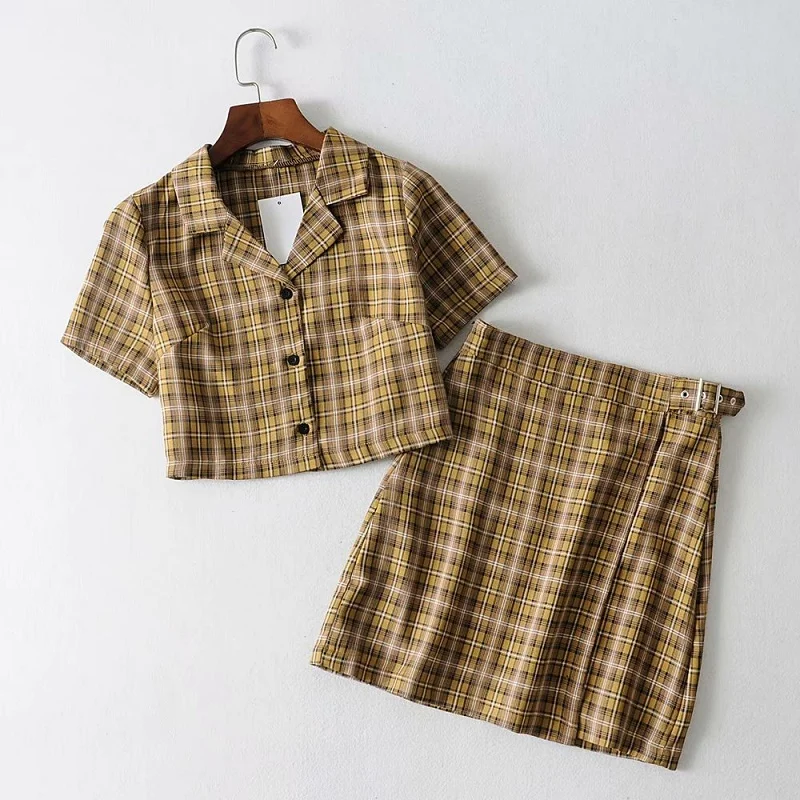 

Summer 2021 French lapel short-sleeved single-breasted stitching plaid shirt slim slim high-waisted A-line skirt