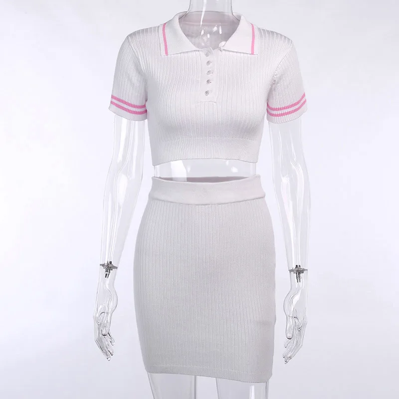 Женский костюм свитер с отложным воротником укороченный топ на пуговицах и юбка