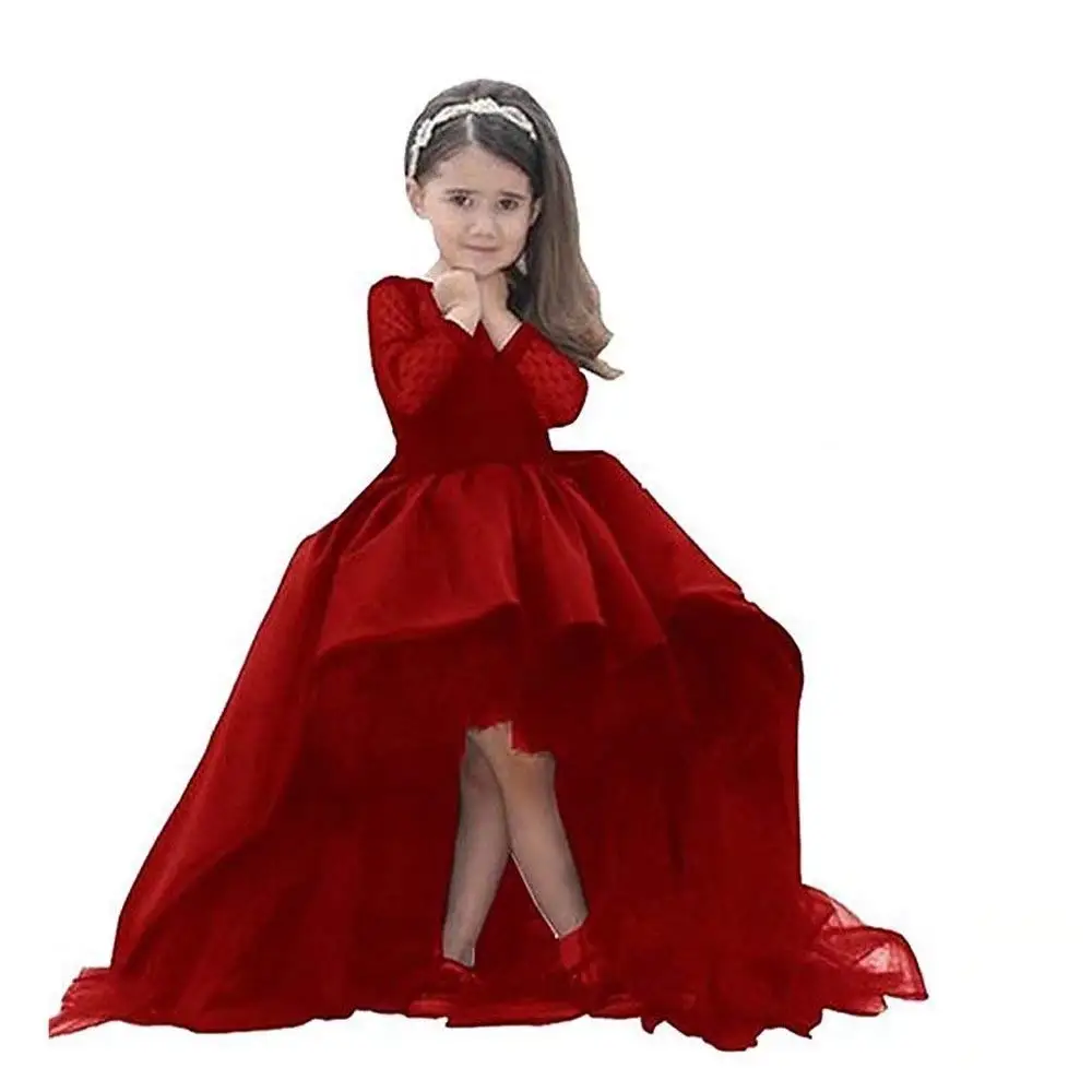 red Kids Black Hi-Lo Long Sleeve Girl's Pageant Dresses Flower Girl Dresses with Bow for Wedding Party Birthday Princess Gown - Цвет: red