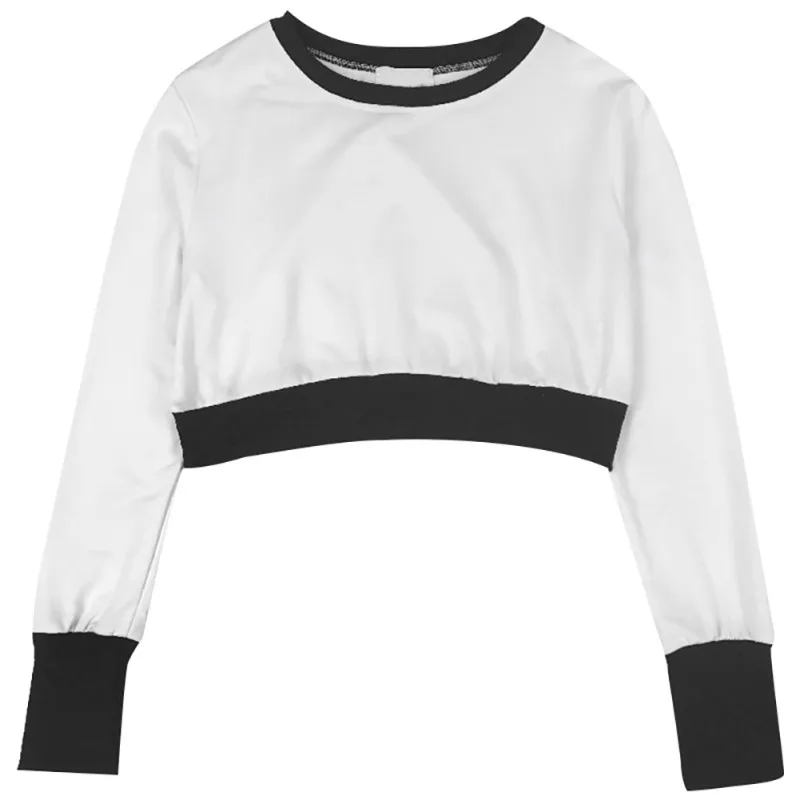 

Women Sexy Cropped Tops Ladies All-match Simple Spring Round Collar Long Sleeve T-shirts Black White Patchwork Pullovers 2020