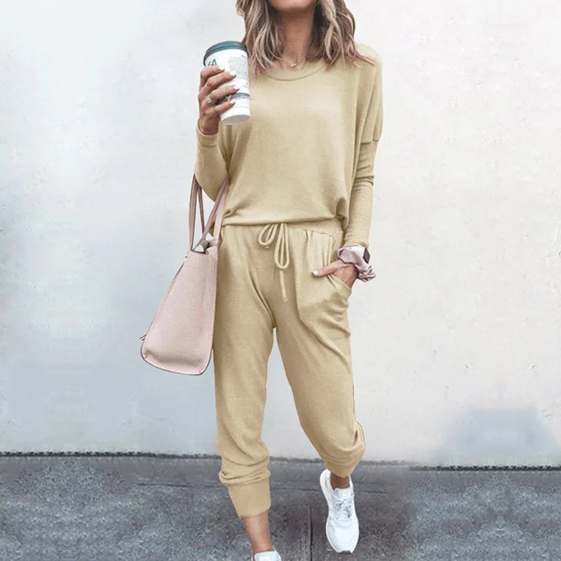 

Spring and Autumn Comfortable Style Long Sleeve Top Suit Ladies Sportswear Two-piece Loose Solid Color Sports Suit Casual Women