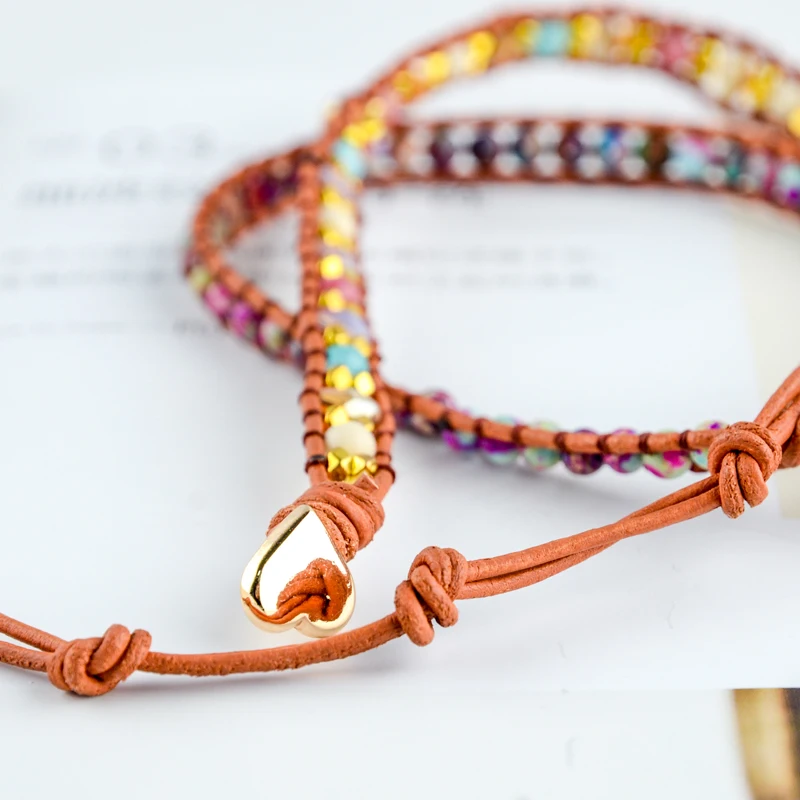 

Romantic Spiritual Chakra Leather Wrap Bracelets W/ Mix Stone Heart Shape 3 Strands Bracelet Classic Jewelry Bijoux Dropshipping
