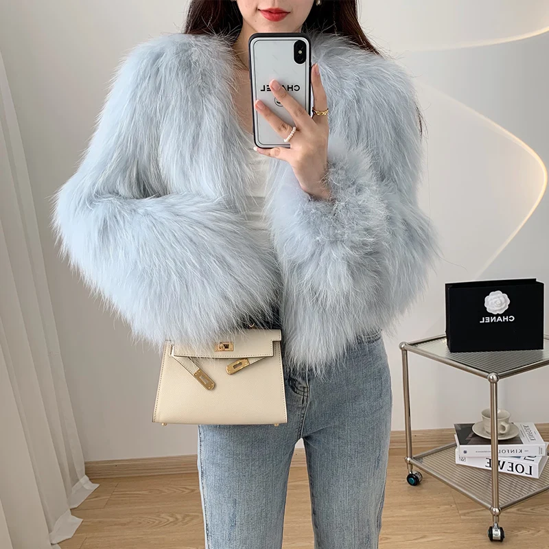 Autumn Winter New Arrival Double-sided Knitted Woven Fur Coat White Purple Long Sleeves V Neck Real Fur Women Short Overcoats enlarge