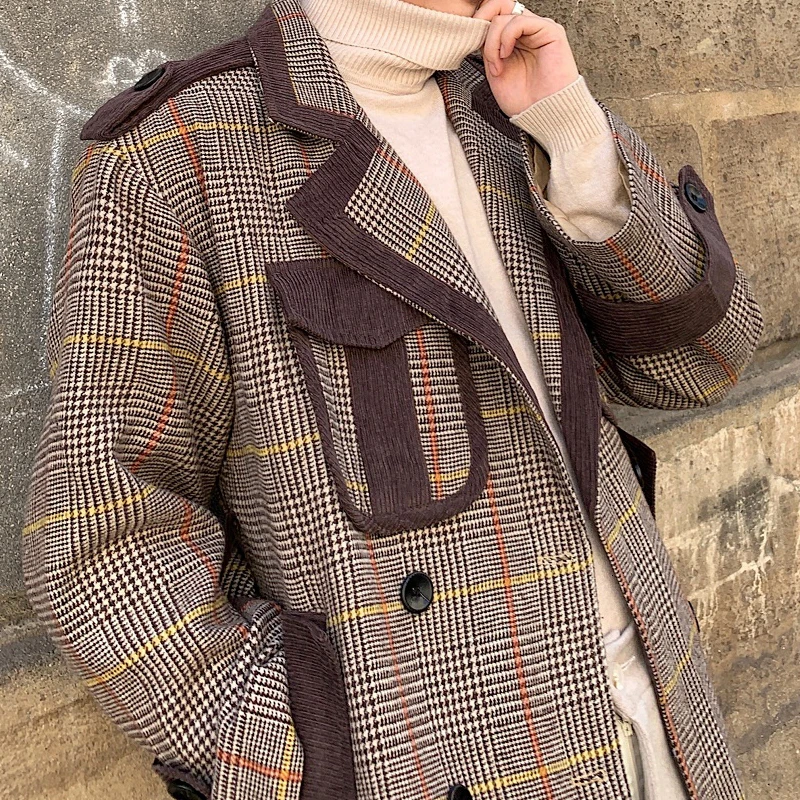 2019 осенне зимняя клетчатая двубортная Длинная шерстяная куртка Тренч Мужская