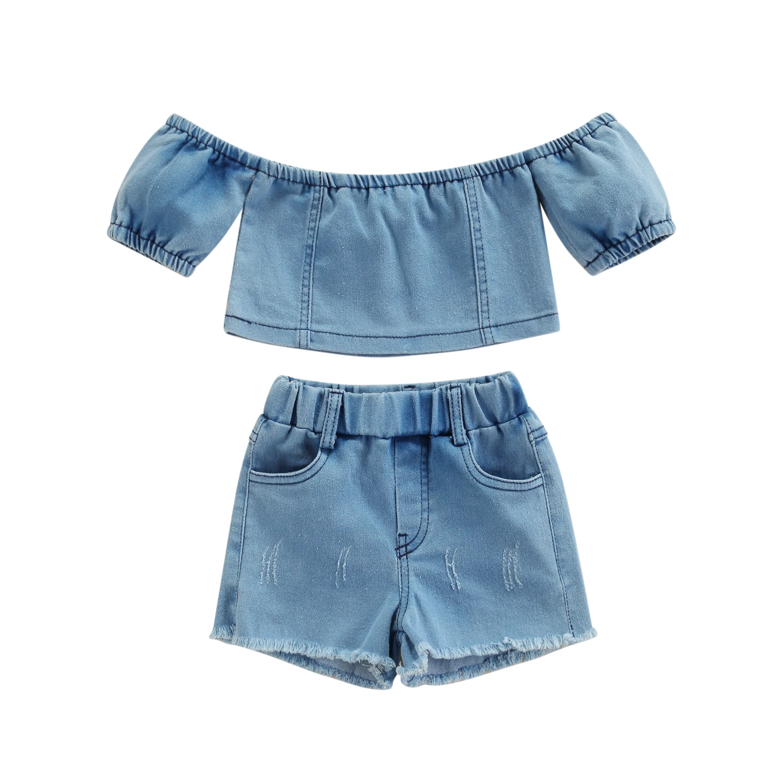 

Летний джинсовый топ для маленьких девочек от 6 месяцев до 5 лет, однотонный синий укороченный Топ без бретелек и шорты с эластичным поясом, м...