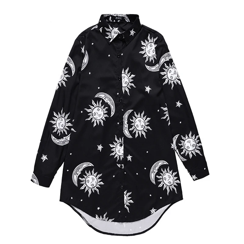 Осенний Новый дизайн повседневная черная длинная блуза с принтом солнце бог для