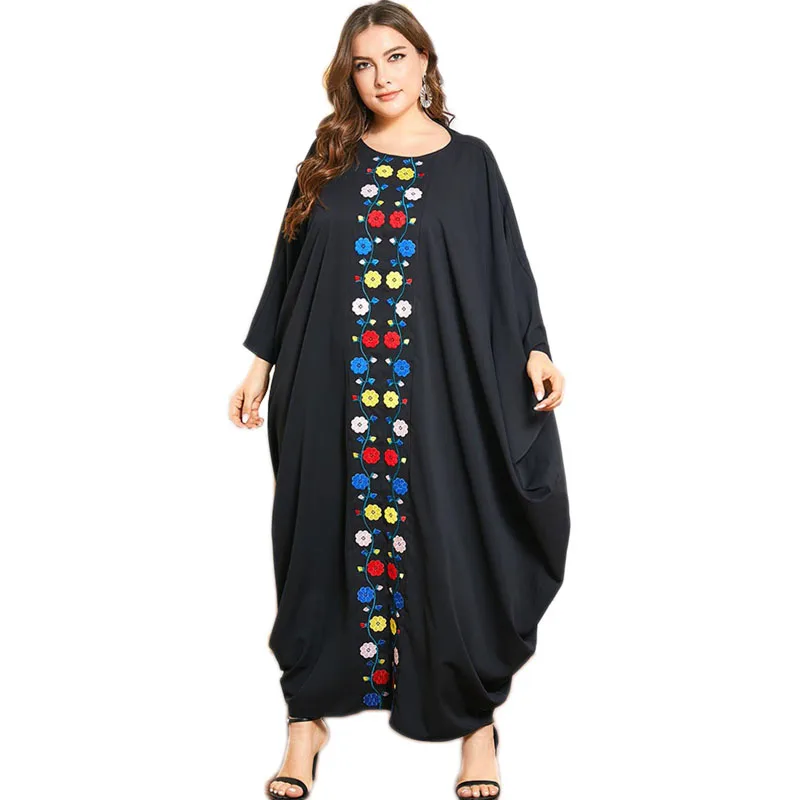 Женское длинное платье с вышивкой, повседневное свободное платье в арабском стиле с рукавами «летучая мышь»