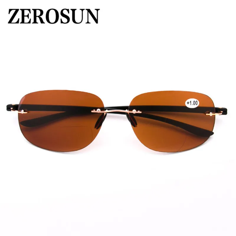 Zerosun, бифокальные очки для чтения, мужские очки без оправы, для чтения диоптрий, мужские, серые, коричневые, не отражающие, UV400, для рыбалки, езды - Цвет оправы: Коричневый