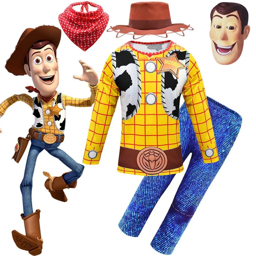 New Boys Woody Cosplay Costumes Kids Top and Pants Children Toy Story 4 Long Sleeve Milk Silk Daily Clothes Hat Scarf Mask | Тематическая