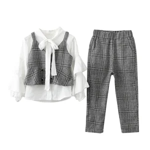 Комплект детской одежды из 3 предметов, футболка с длинным рукавом и бантом, клетчатые брюки и жилет, комплект детской одежды, костюм для маленьких девочек, 2019