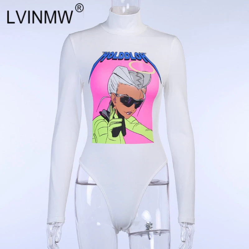 

LVINMW 2020 Sexy Cartoon Pattern Print High Neck Skinny Bodysuit Spring Women Fashion Long Sleeve Romper Female Streetwear Tops