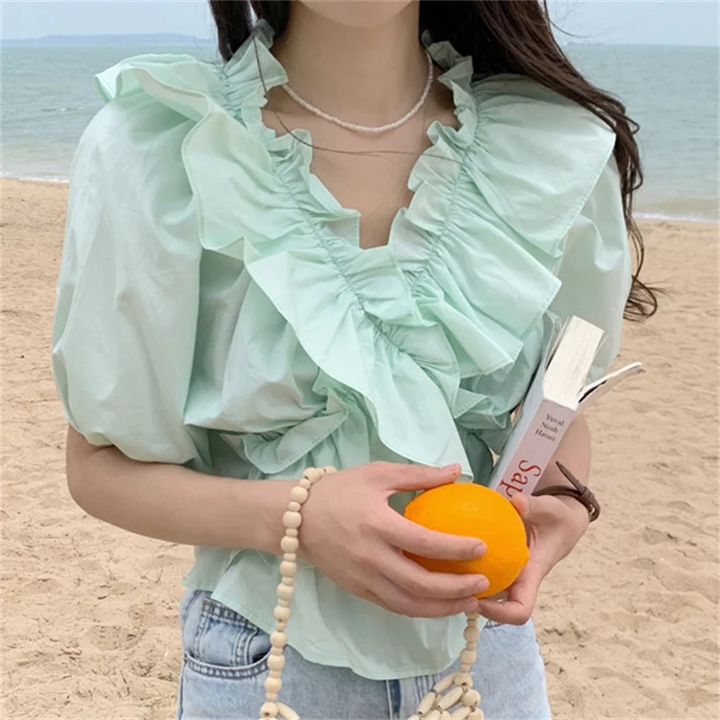 

Alien Kitty 2021 Summer Ruffles V-Neck Slim Femme Sweet Loose Solid Stylish Chic Blouses New High Quality Casual Tops Shirts