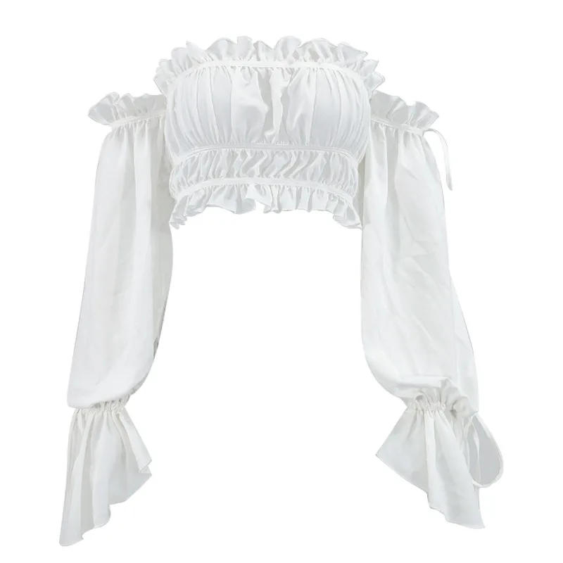 

Blouse Women Tops Sexy Chiffon Off Shoulder Flared Sleeve Long Sleeve Ruffle Crop Top Backless Lace Up White Shirt Elegant Party