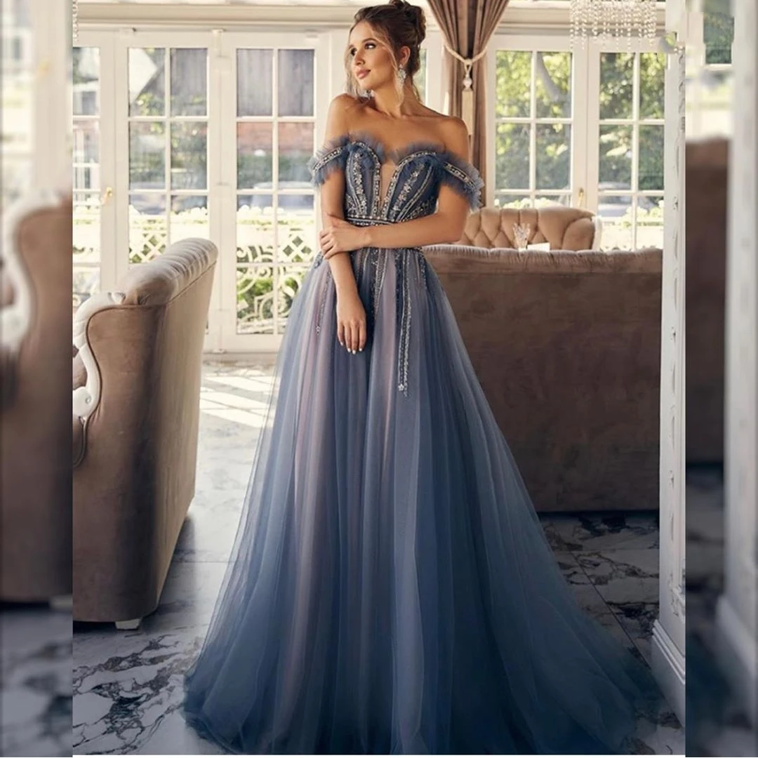 

Boho A Line Prom Dress Off Shoulder Boat Neck Beads Appliques Tulle Elegant Women Cocktail Party Gowns Vestido De Fiesta
