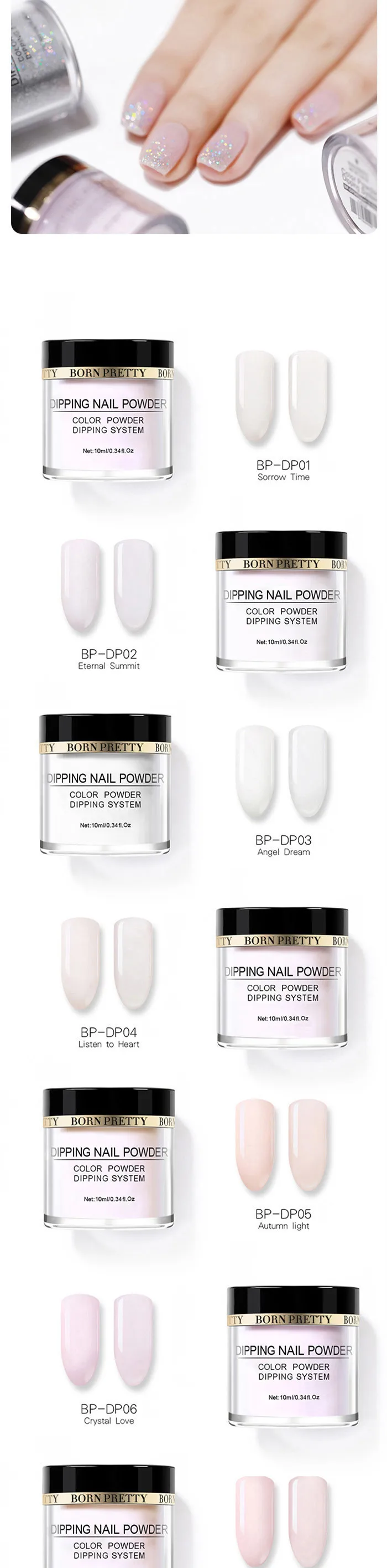 BORN PREETY Nail Dipping Gradient Color French Nail Glitter White Powder without Lamp Cure Nail Art Decorations Fan Brush