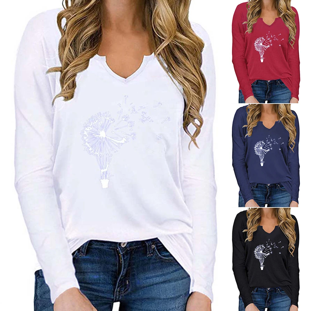 

#w Women Tshirts 4 Color Loose Casual Printed Tee Shirts V Collar Long Sleeve Soft White Clothing Tops Female