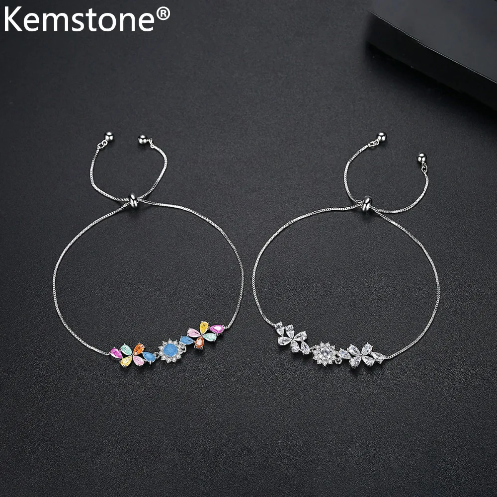 

Kemstone Stylish Copper Zircon White Multicolor Flowers Charm Adjustable Bracelet Jewelry Gift for Women