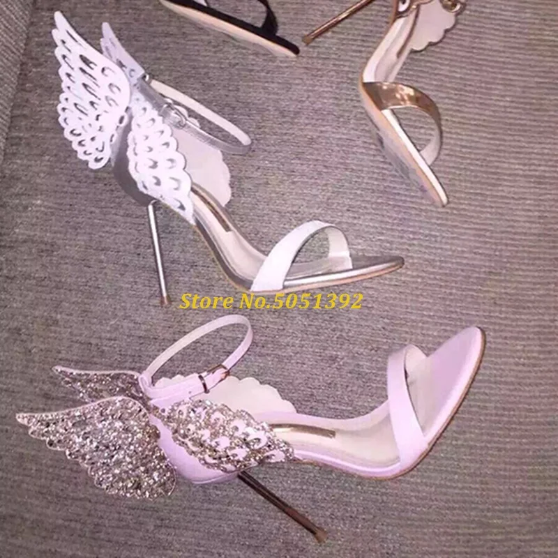 Crystal Butterfly Decor Metal High Heel Sandals One Strap Cover Heel Strap Buckle Open Toe Runway Ladies Shoes Sweety Pink Black