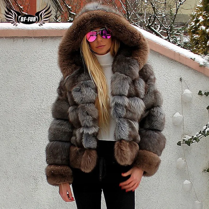 Enlarge 2022 New Fashion Luxury Natural Real Fox Fur Coat With Hood Thick Warm Full Pelt Blue Fox Fur Jackets For Women Winter Overcoat
