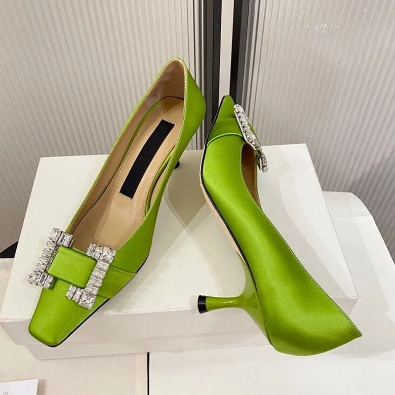 

New Square Toe Shallow Mouth High Heel Women's Shoes with Rhinestone Buckle Stiletto Leather All-match Temperament Pumps Shoes