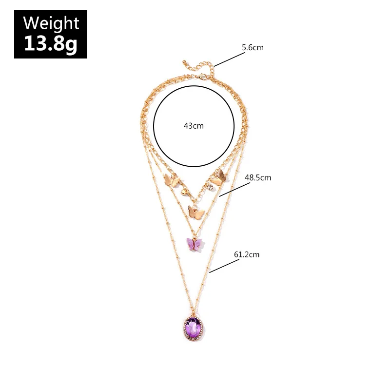 

Peixin New Charm Purple Pendant Bohemian Fashion Multilayer Butterfly Necklace Retro Zircon Crystal Pendant Set