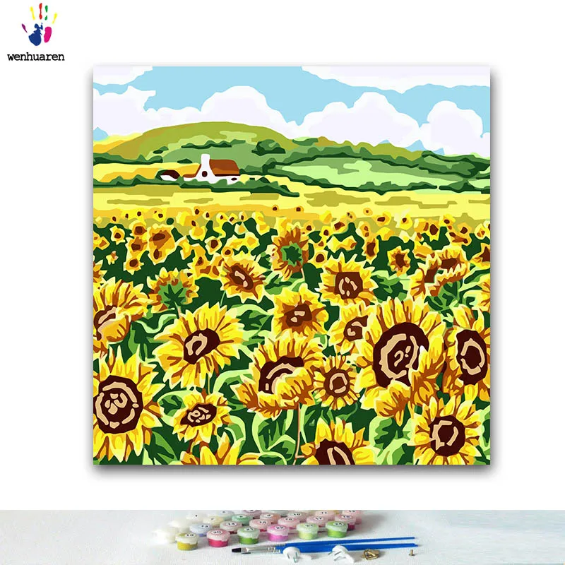 DIY картинки для раскраски по номерам с цветами Белое Облако Подсолнух картина