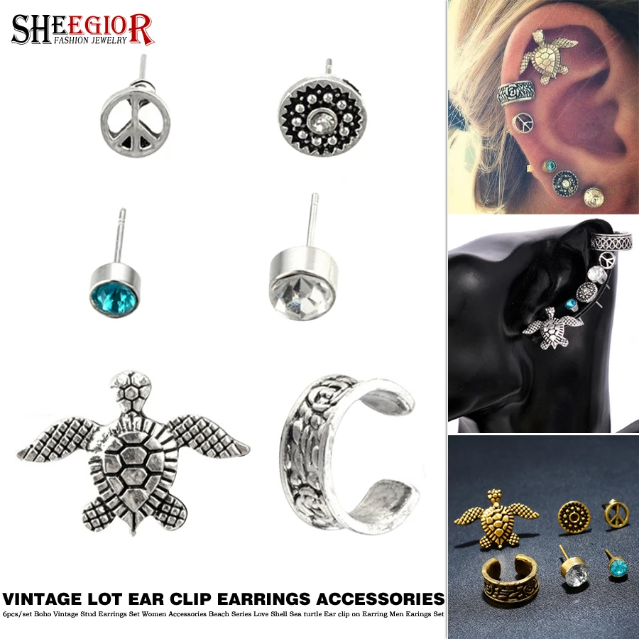 

Sets Boho Vintage Ear Clip Earrings Women Accessories Lovely Sea Turtle Flower Peace Totems Crystal Earring lots Friendship Gift