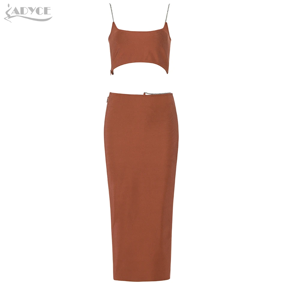 

Adyce 2021 New Summer Women Bandage 2 Two Pieces Sets Sexy Sleeveless Tops & Midi Skirts Brown Evening Club Party Casual Sets