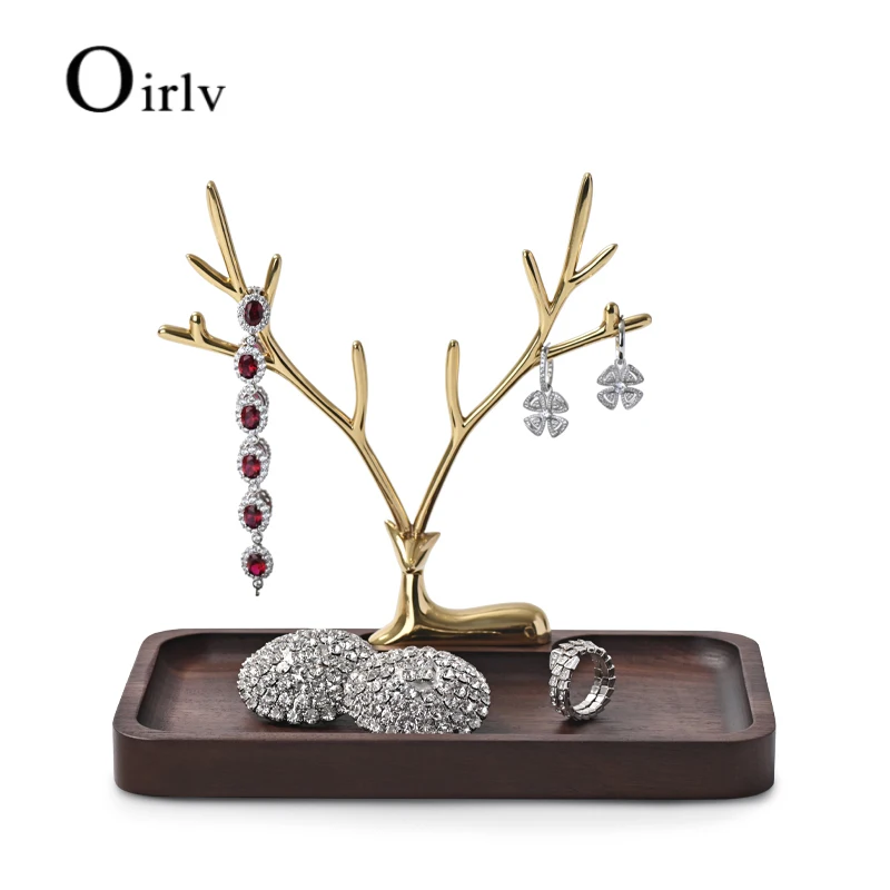 Oirlv New Wooden Deer Earring Necklace Pendant Bracelet Metal Walnut Jewelry Cases Display Stand Tray Tree Storage
