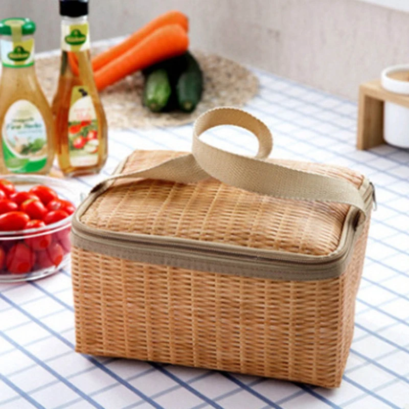 

Outdoor Portable Wicker Baskets Waterproof Rattan Insulated Picnic Camping Storage Basket Bag with Lid and Handle Food Organizer