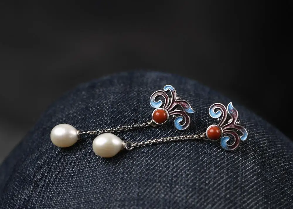 

100% 925 Silver Bohemia Earrings 925 Sterling Agate Women Earrings Natural Pearl Earrings