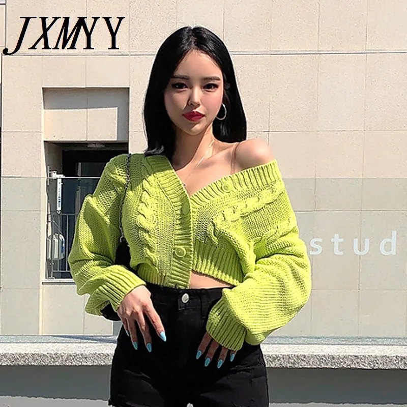 

JXMYY 2021 Autumn And Winter Fashion New Product Twist Woven V-Neck Short Slim Slimming Cardigan Sweater Women's Small Jacket