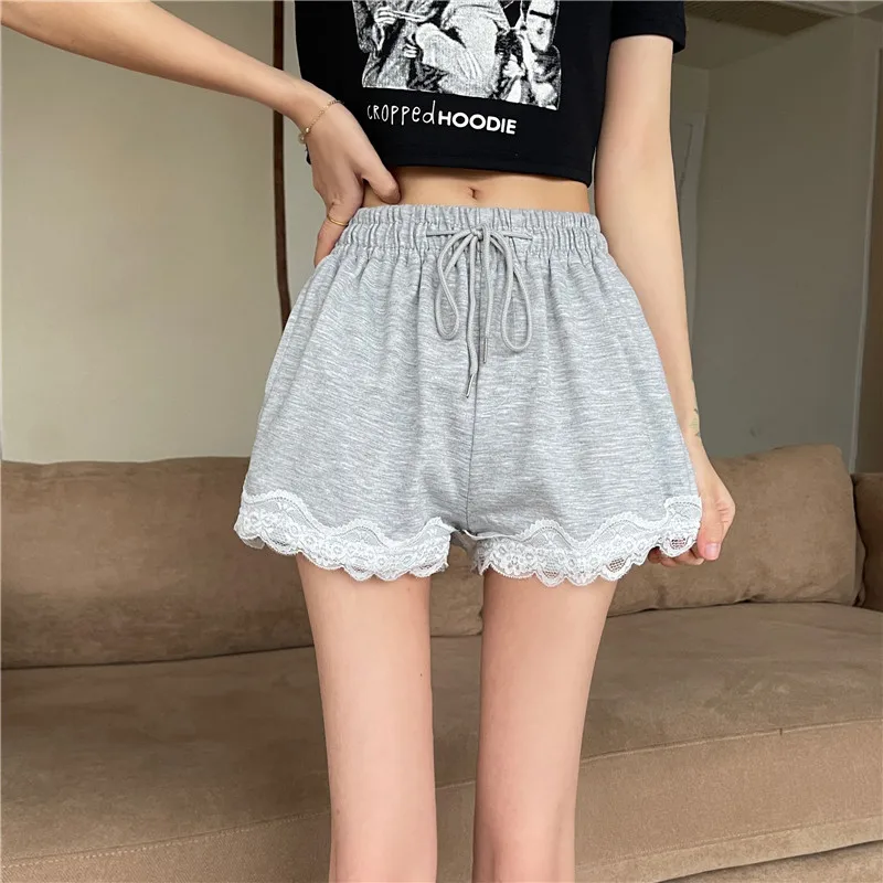 

2021 summer fashion new cotton casual sports short pants women wild high waist loose lace stitching grey a-line hot shorts women