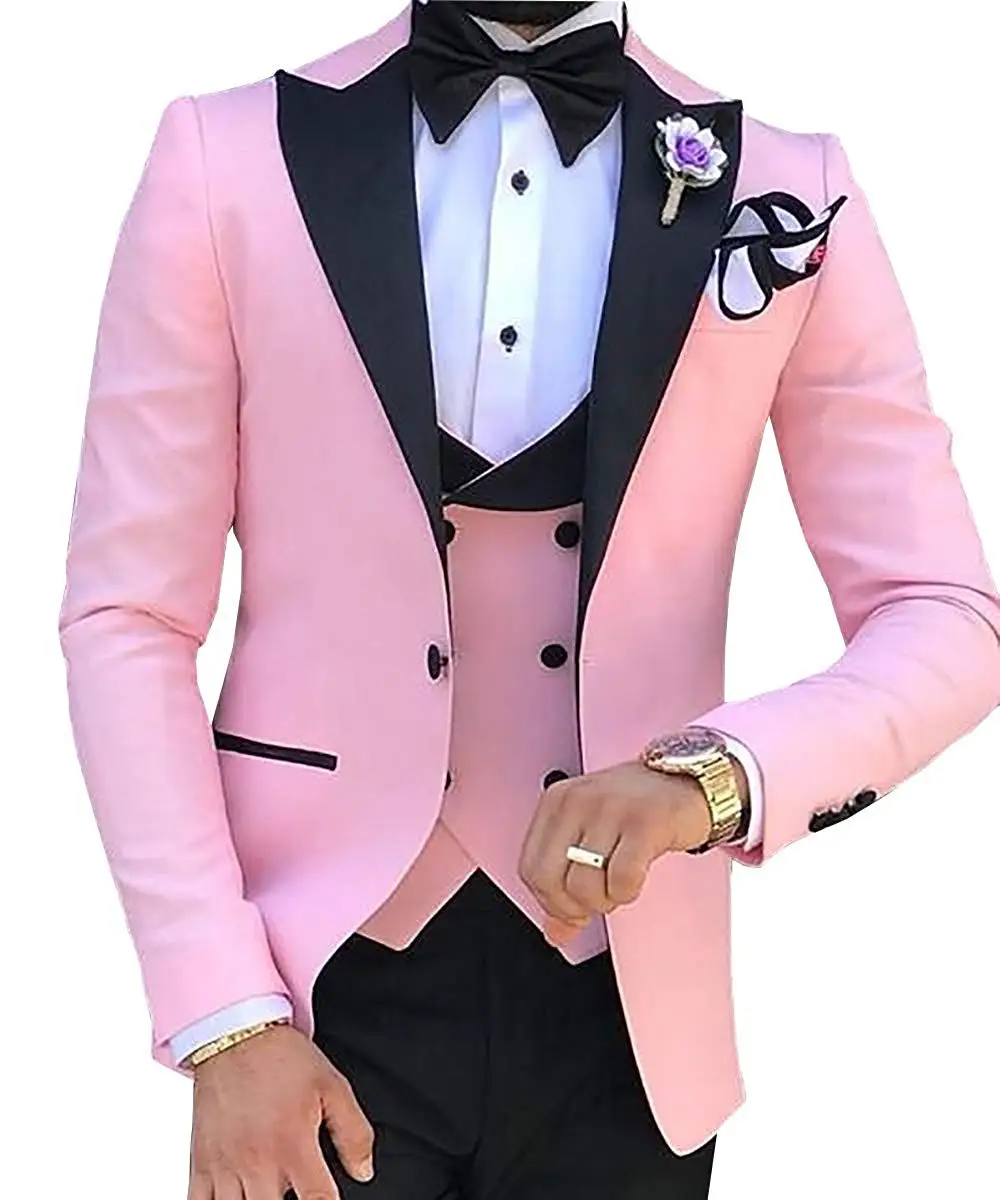 

MyLoddy Pink With Black Lapel Suits for Men Custom Made Terno Slim Groom 3 Piece Wedding Mens Suit Masculino(Jacket+Pants+Vest)