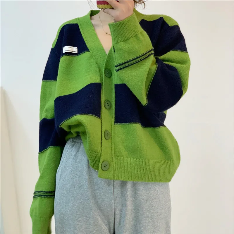 

Autumn wide stripe color matching large V-neck knitted cardigan with bottomed sweater fashion korean clothes
