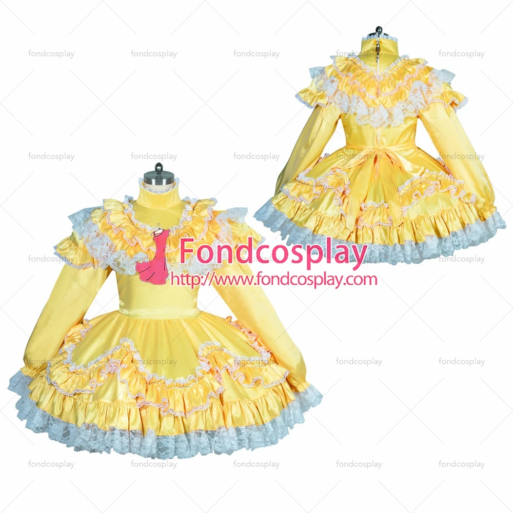 

fondcosplay adult sexy cross dressing sissy maid short French lockable yellow satin dress white lace TV Tailor-made[G3918]