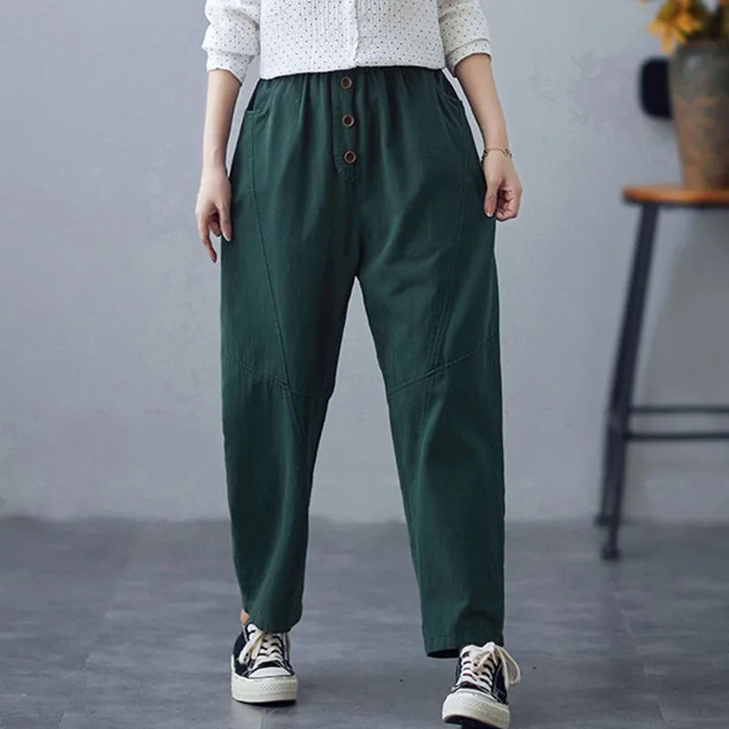 

Women Cotton Casual Pants New Arrival 2021 Spring Simple Style Solid Color All-match Loose Female High Waist Harem Pants S3738