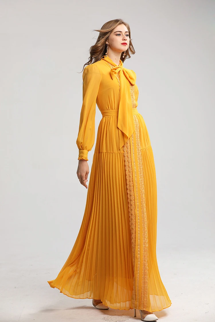 Женские подиумные платья с бантом и воротником длинные рукава кружевные