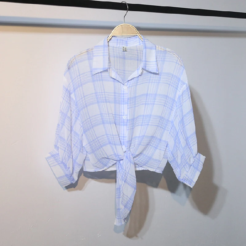 

Lucyever Chiffon Women Plaid Blouse Summer Sexy Bandage Long Sleeve Female Blouse Korean Turn Down Collar Blusas Mujer De Moda