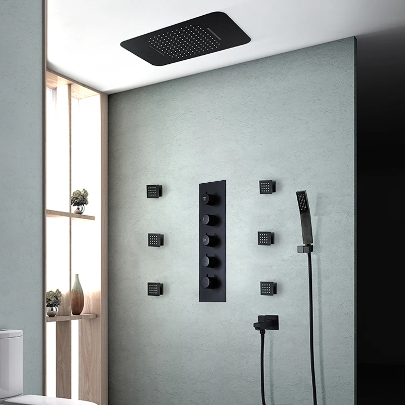 

Black Luxury Shower Systems Set High Water Flow Rain LED Showerhead Music Speaker Shower Panel Thermostatic Mixer Brass Faucet