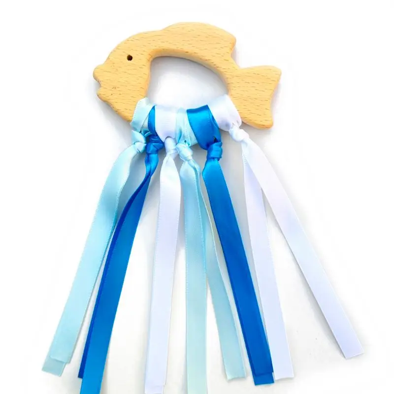 

OOTDTY 1PC Natural Wooden Teething Ring with Rainbow Ribbon Waldorf Toys Baby Cute Animals Teethers Newborn Toy