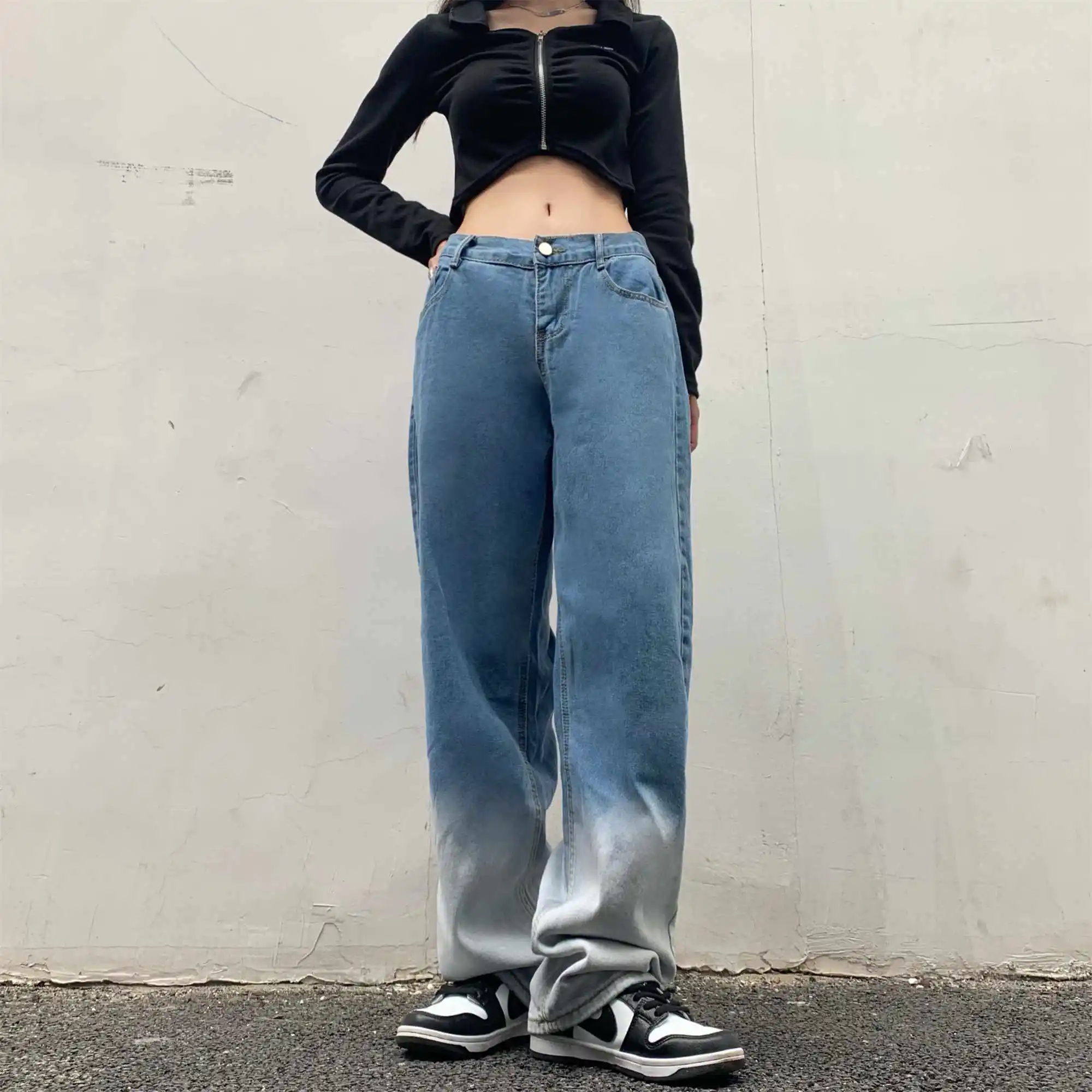 

New High Street Retro Washed Jeans Tie-dye Gradient Color Men's and Women's Trousers Loose Straight Wide-leg Pants