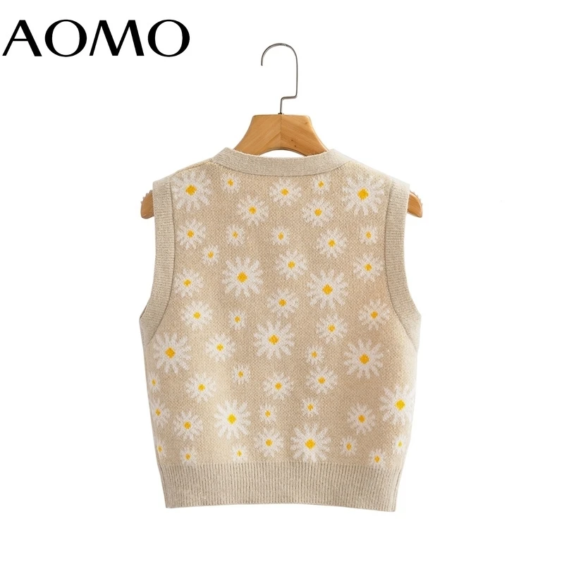 

AOMO Women 2021 Fashion Flowers Pattern Knitted Vest Sweater O Neck Sleeveless Female Waistcoat Chic Tops 8Y16A