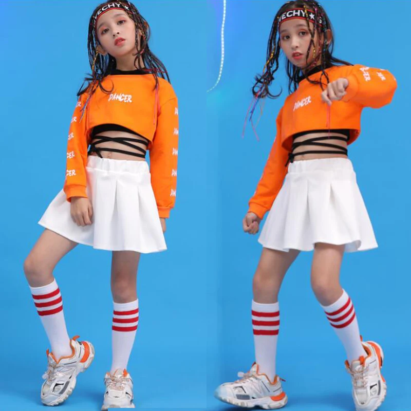 

Kids Ballroom Hip Hop Dancing Clothing Outfits Sweatshirt Crop Tops White Skirt Girls Jazz Dance Costumes Clothes Street Wear