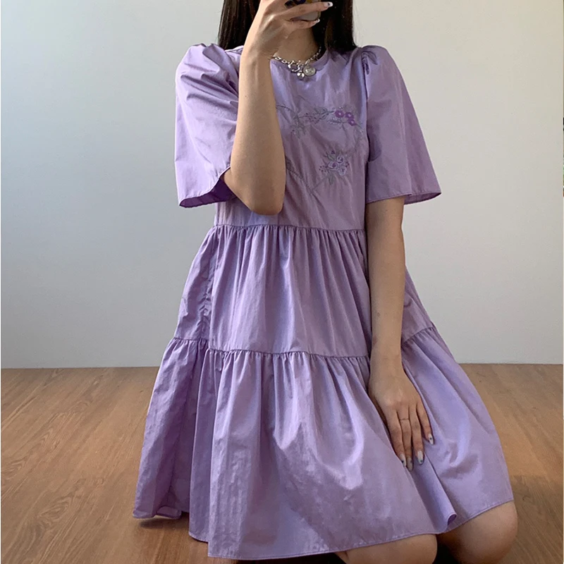 

blue summer woman dress O neck High Waist Korean style Casual dresses for women short Sleeves Oversized mini vestidos 2021