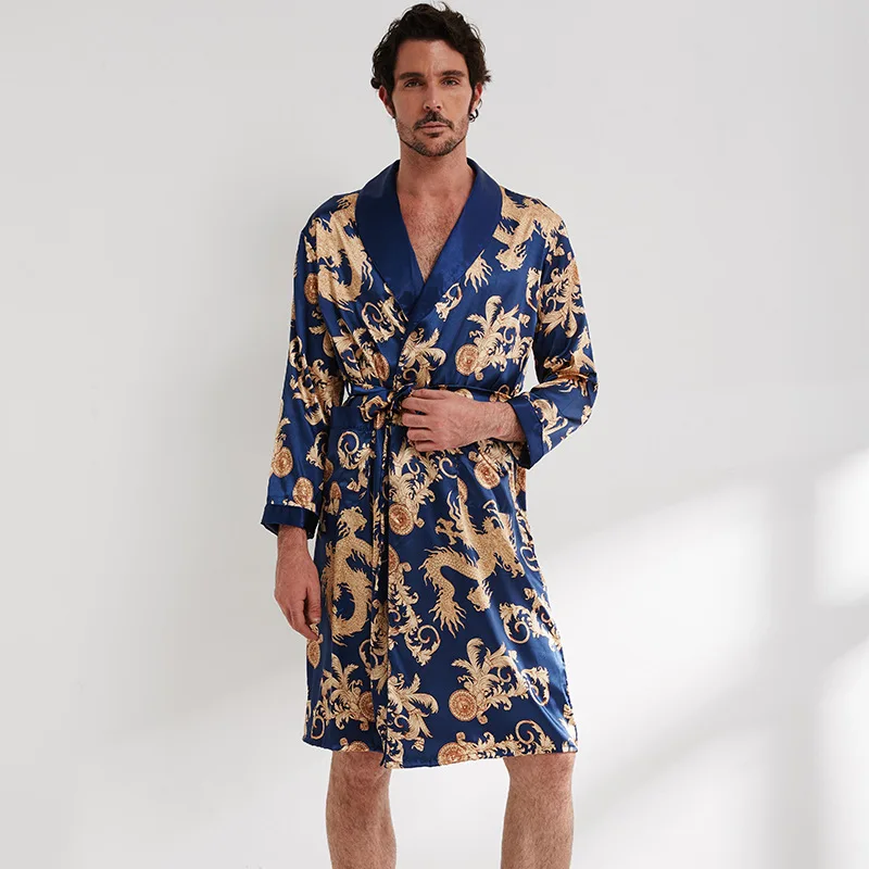 

Men Chinese Style Rayon Kimono Robe Sexy Cardigan Knee-Length Nightgown Full Sleeve Bathrobe Bridegroom Dressing Gown Sleepwear