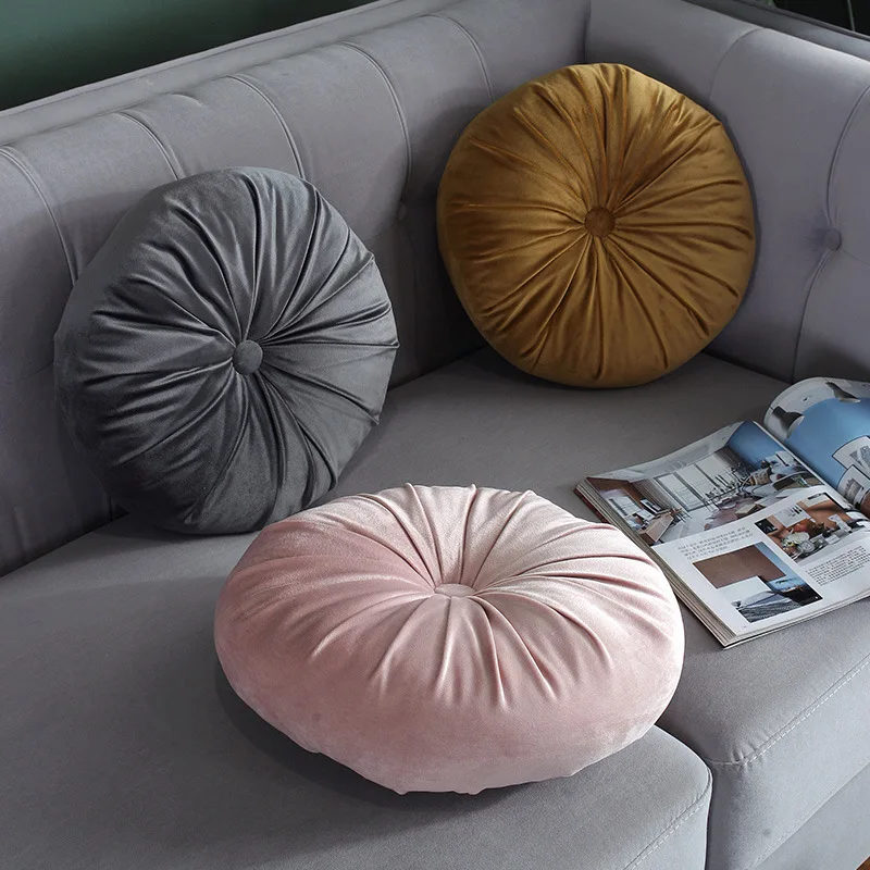

European Style Velvet Pleated Round Floor Cushion Solid Red Grey Pink Green Seat Cushion Soft Comfortable Throw Home Sofa Decor