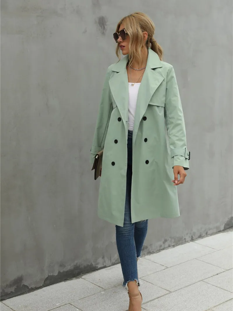 

Fashion Women Casual Solid Color Coat Adults Autumn Elagant Fashion Long Sleeve Lapel NeckDouble Breasted Belted Trench Coat