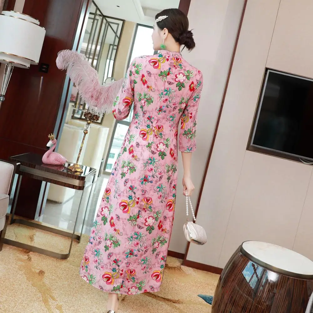 Женское платье с розовым цветочным принтом вьетнамское шифоновое qipao|ao dai|vietnam